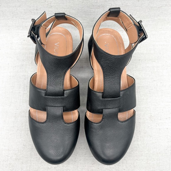 Vionic Womens 7 Faye Clog Sandals Shoes Black Leather Platform T Strap Orthotic - Picture 3 of 12